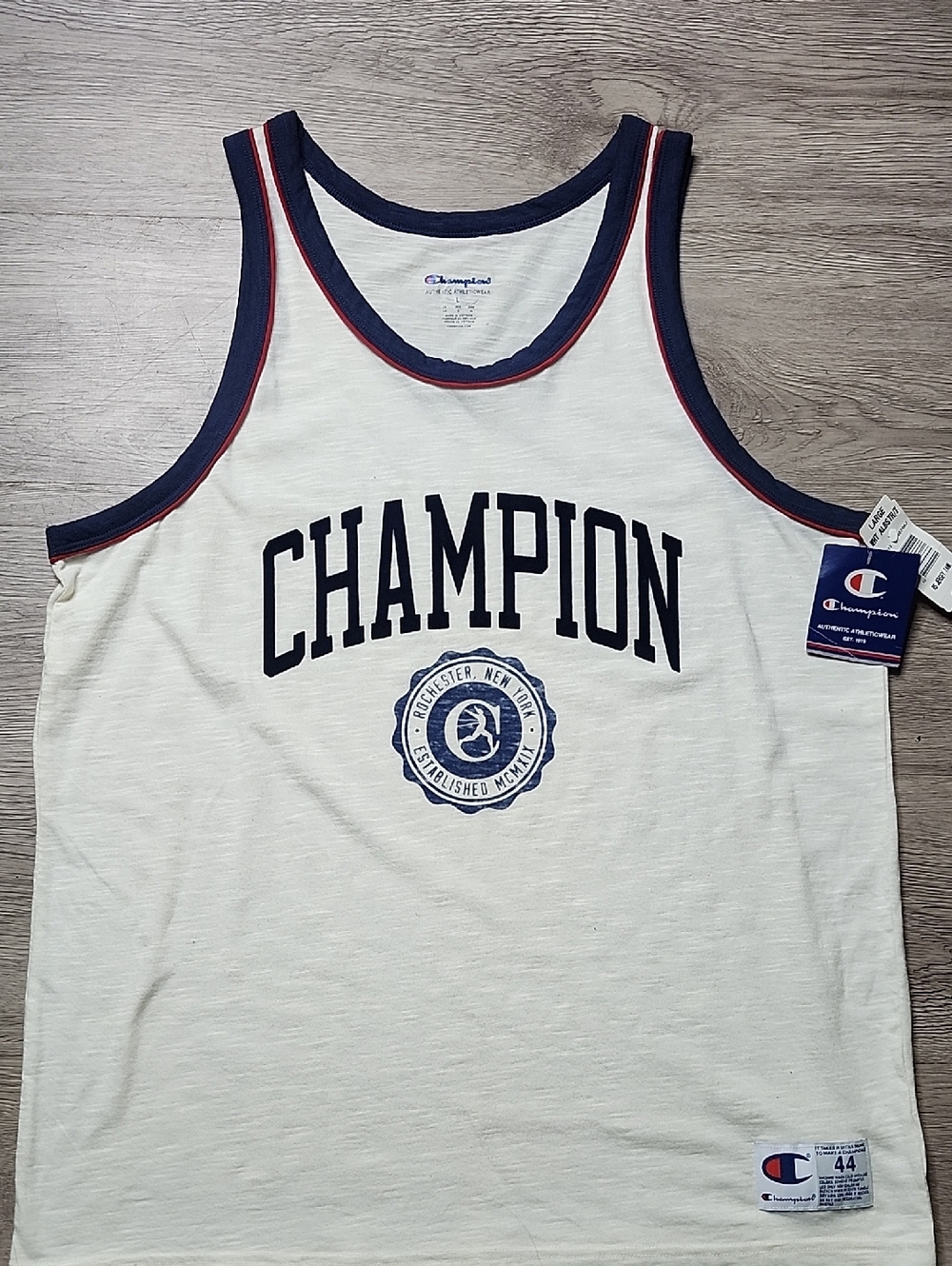 Champion White Tank Top with Navy and Red Trim